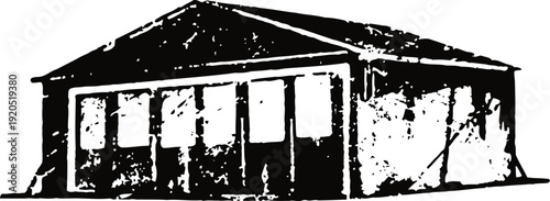 Old rustic barn silhouette with worn textured walls and roof, isolated vintage rural building sketch