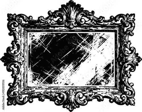 Ornate vintage rectangular frame with decorative baroque and distressed scratched mirror surface