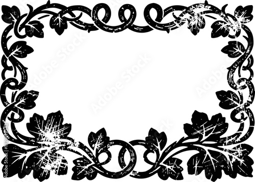 Vintage black floral frame with distressed grapevine leaves and swirling vine border design