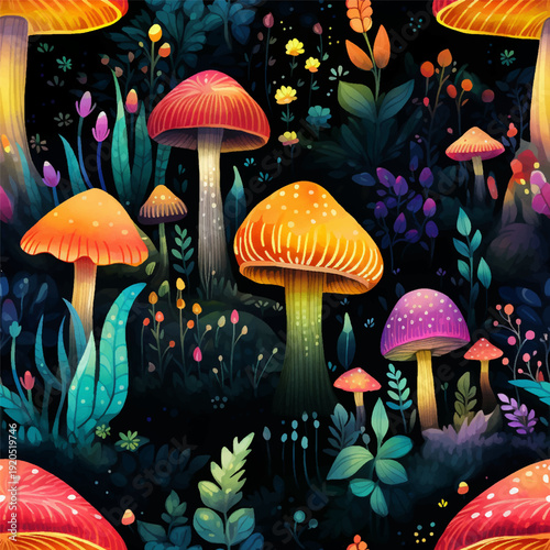 Vibrant seamless pattern of colorful mushroom landscape, a variety of mushrooms in vivid hues, nestled amongst moss and other woodland flora vector design. Magical garden or meadow environment