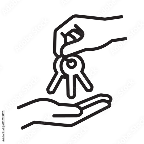 Hand offering keys to another hand simple black and white line art