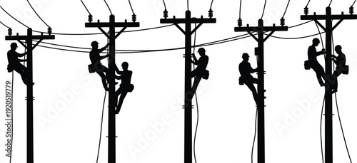 Silhouettes of linemen working on utility poles with power lines on white background Keywords: lineman, utility pole, power line