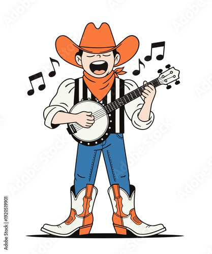 Cartoon cowboy playing banjo and singing, colorful vector illustration isolated on white background, western country music concept.