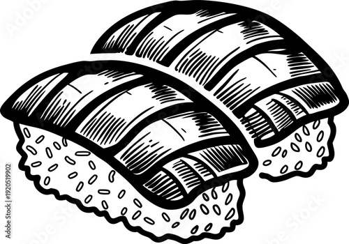 Two pieces of sushi nigiri with sliced fish on top, traditional japanese cuisine illustration