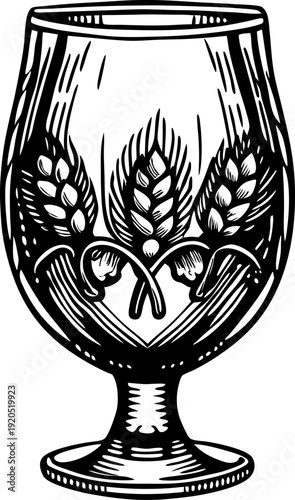 Vintage beer glass illustration with wheat and hop design in black and white