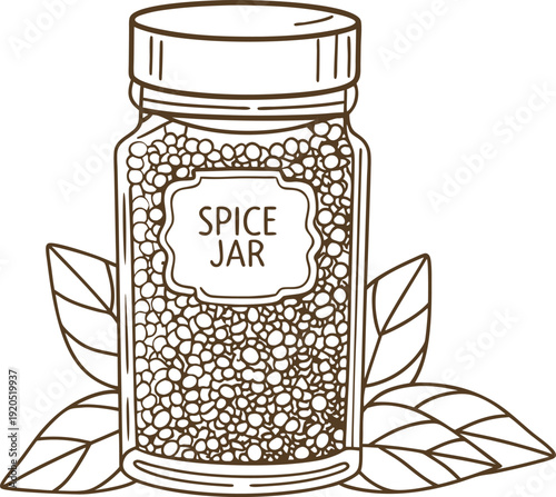 Spice jar container filled with seasoning grains surrounded by decorative leaves line art