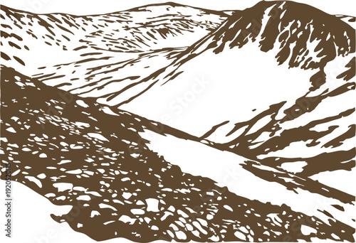 Mountain landscape with rocky slopes and rugged peaks in stylized monochrome illustration