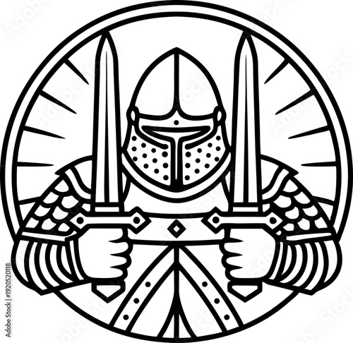 Medieval knight with two swords in armor and helmet holding weapons in front of shield circle emblem