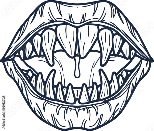 Monstrous mouth with sharp fangs and dripping saliva line art illustration for horror or fantasy design