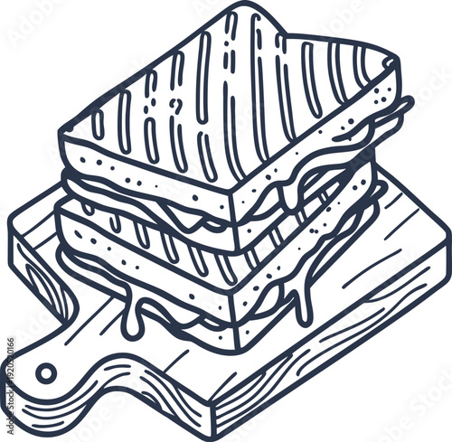 Grilled cheese sandwich stacked on wooden cutting board with melted cheese dripping