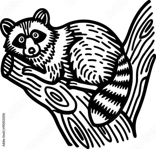 Raccoon resting on tree branch black and white illustration design, wild animal resting on wood