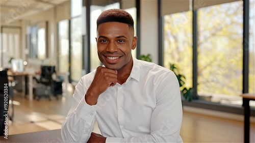 African American male professional in a modern workspace analyzing data on a digital tablet with a confident smile