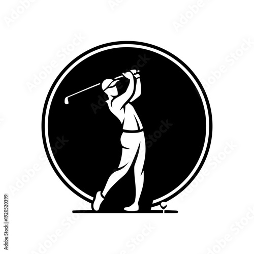 A golfer in a black and white illustration swinging a golf club in a circular logo