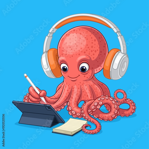 Cartoon octopus wearing headphones and using digital tablet.