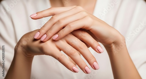 Delicate hands with perfect pink manicured nails rest gracefully.