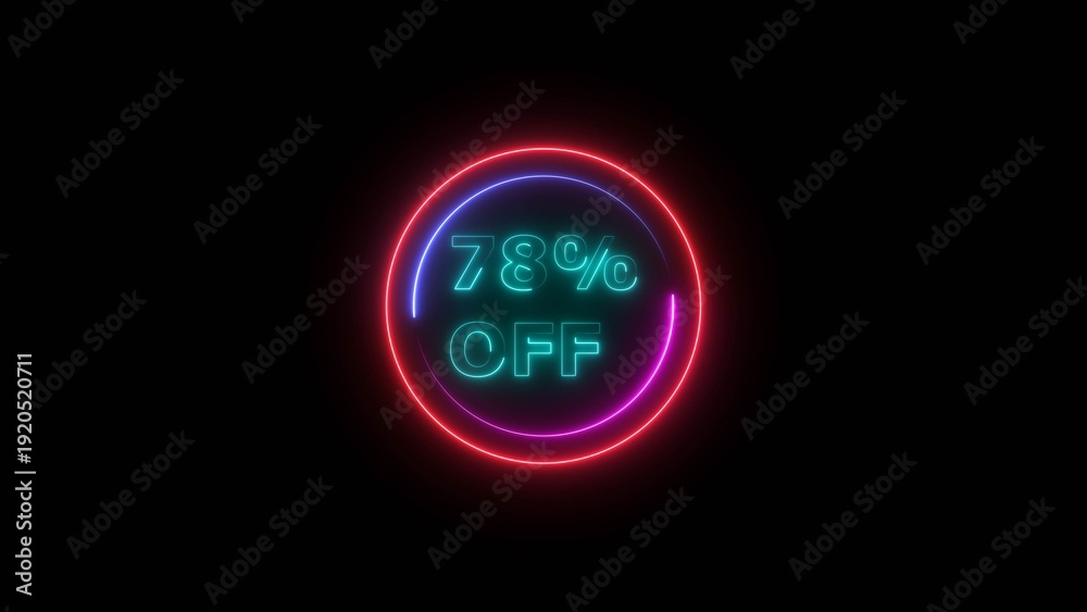 Fototapeta premium Up to 78% Off Neon Discount Offer Text background. 78 Percent Sale Promo Icon, Glowing Light Effect.