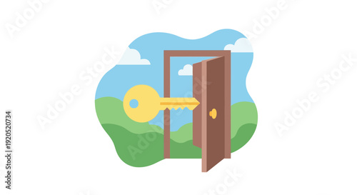 Golden Key Unlocking Brown Door Freely.