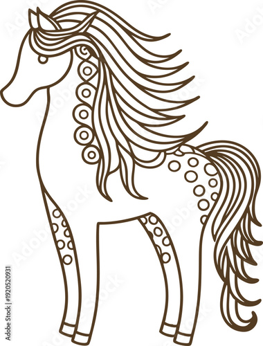 Decorative horse outline with flowing mane and tail, adorned with dots, standing sideways illustration