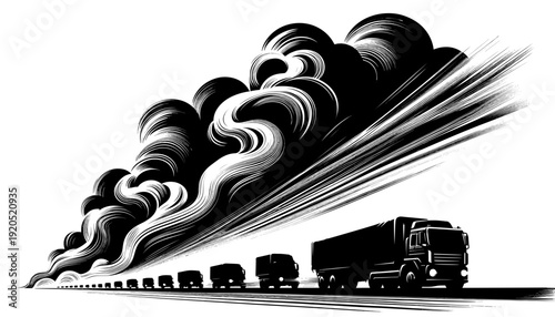 Polluting truck emitting black smoke in industrial style