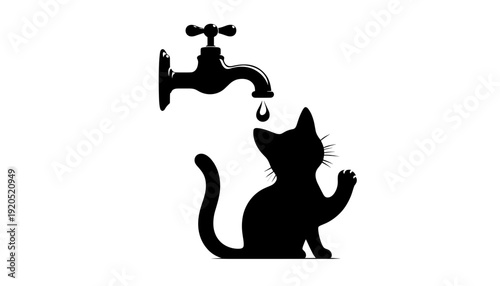 Cat drinking water from faucet, black silhouette, simple design