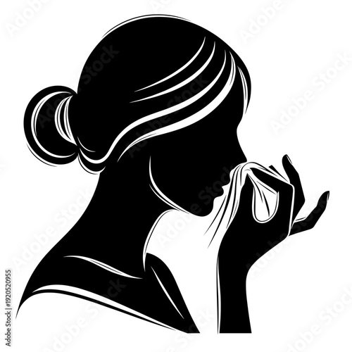 Silhouette woman thinking, hand-to-face pose, minimalist
