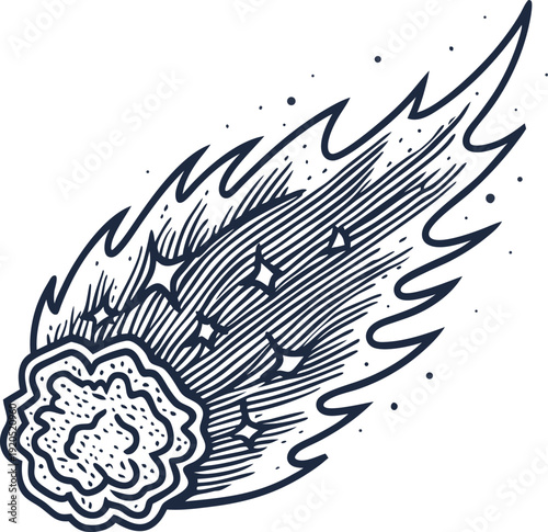 Hand drawn comet illustration with fiery tail and sparkling stars in space sketch