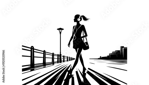 Woman walking with headphones, urban cityscape background