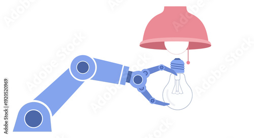 Robot Arm Holding Light Bulb Under Lamp.