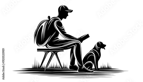 Man with dog reading book on bench in grassy park