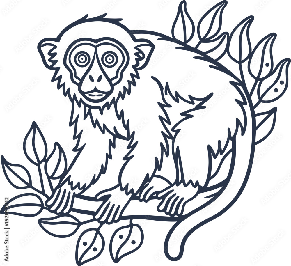 Obraz premium Monkey sitting on tree branch surrounded by leaves line art illustration for coloring page