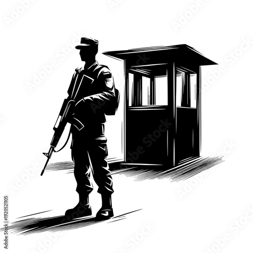 Soldier with rifle standing guard near sentry box silhouette