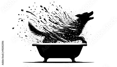 dog leaping with water splash in bathtub, dynamic black-and-white illustration