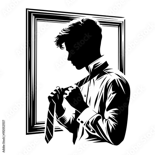 Man adjusting tie in front of mirror silhouette artwork