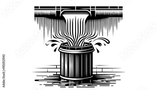 Vintage ink spill on barrel, black-and-white illustration, symbolic overflow
