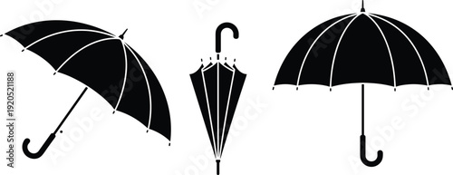 Three Black Silhouettes Of Umbrellas One Open One Closed One Open On White Background rain protection