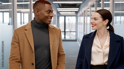 Professional African American male and Caucasian female colleague engaging in a positive walking discussion in a modern office