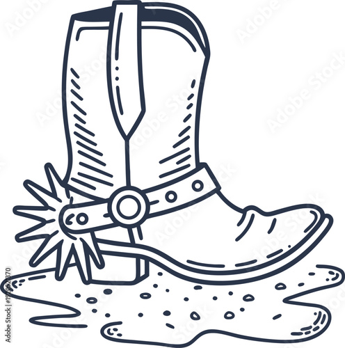Cowboy boot with spur on heel standing in mud puddle, western country footwear illustration