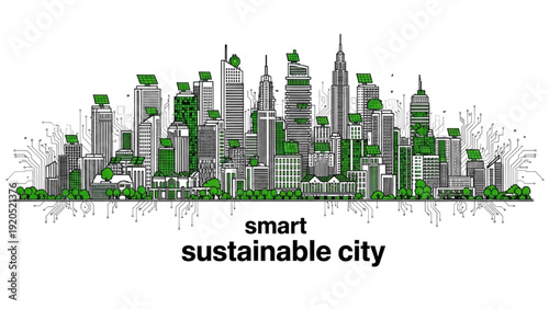 Black outline art of city skyline integrated with green solar panels and circuit grids, smart sustainable city concept