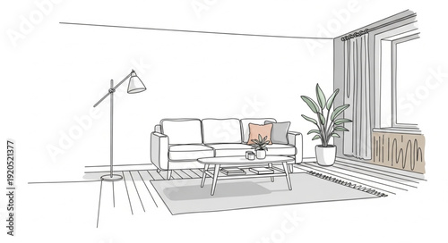 Modern Living Room Interior Design Sketch with Sofa and Lamp.