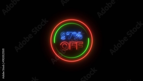 Up to 97% Off Neon Discount Offer Text background. 97 Percent Sale Promo Icon, Glowing Light Effect.