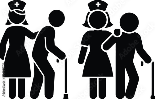 Healthcare workers assisting elderly patients with mobility