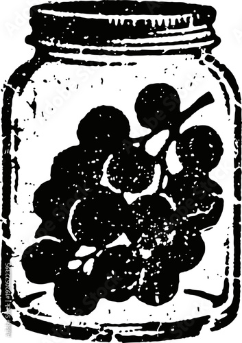 Vintage jar filled with grapes illustration, rustic black and white fruit container design