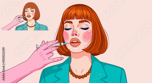 Woman receiving lip filler injection in a cosmetic procedure, with a smaller inset showing the before image. Created in a detailed vector illustration style with a pastel pink background.