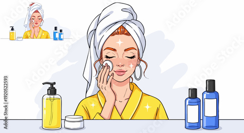 Woman with a towel on her head and a yellow robe applying toner to her face with a cotton pad, surrounded by various skincare products in yellow and blue bottles, in a flat vector illustration.
