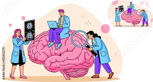 Medical team studying human brain vector illustration. Three doctors in lab coats examining a large pink brain with an MRI scan, a laptop, and a magnifying glass