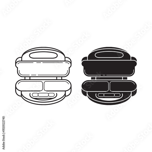 Black and white line art depiction of a classic hamburger with two views