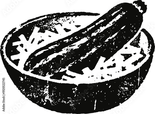Cucumber pickle in bowl illustration hand drawn vegetable, fermented food, rustic kitchen engraving artwork