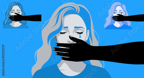 Woman with a hand covering her mouth, symbolizing censorship, silence, and oppression. This vector illustration depicts a woman crying with a tear on her cheek, set against a blue background.