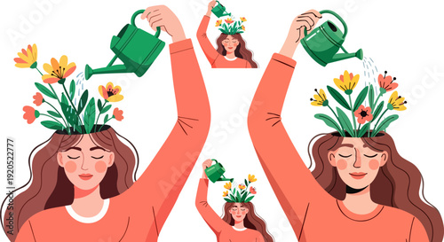 Self-care and mental health vector illustration depicting women watering flowers growing from their heads, symbolizing personal growth and well-being. Created in a flat cartoon style with a