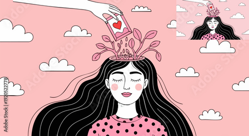 Vector illustration of a woman with long black hair and closed eyes, as a hand pours a heart-shaped card into her head, causing plants to grow. The scene is set against a pink background with